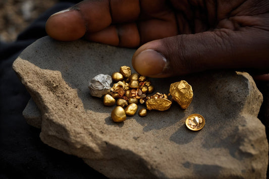 A close-up of a worker's hand displaying raw gold nuggets and small gold fragments on a rugged stone surface - Mia Ishaaq