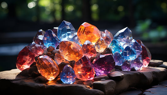 A dazzling cluster of colorful gemstones, including blue, red, orange, and purple crystals, illuminated by natural light - Mia Ishaaq