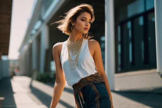 A fashionable young woman in a white top and layered gold necklaces poses confidently with a modern urban background - Mia Ishaaq