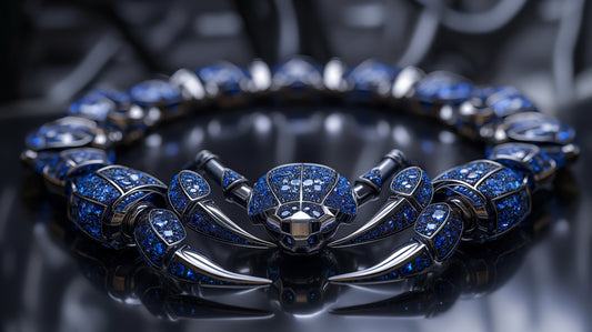 An edgy, futuristic scorpion-shaped bracelet featuring neon blue sapphires and polished silver - Mia Ishaaq