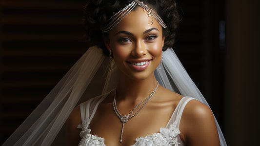 Radiant bride wearing a delicate bridal gown adorned with intricate lace details, complemented by a sparkling layered necklace, matching drop earrings, and a luxurious pearl and crystal headpiece, exuding elegance and grace - Mia Ishaaq