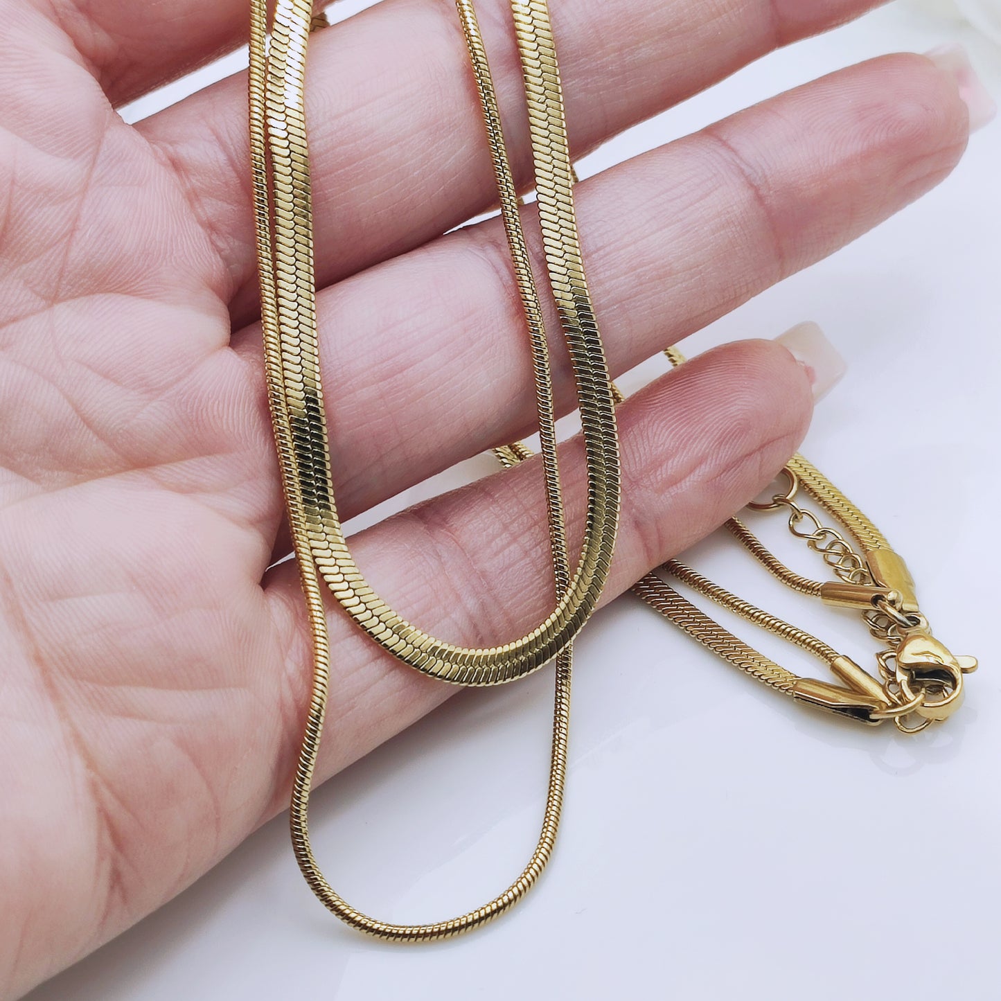 18k gold plated stainless steel flat snake chain multi layered necklace - Mia Ishaaq