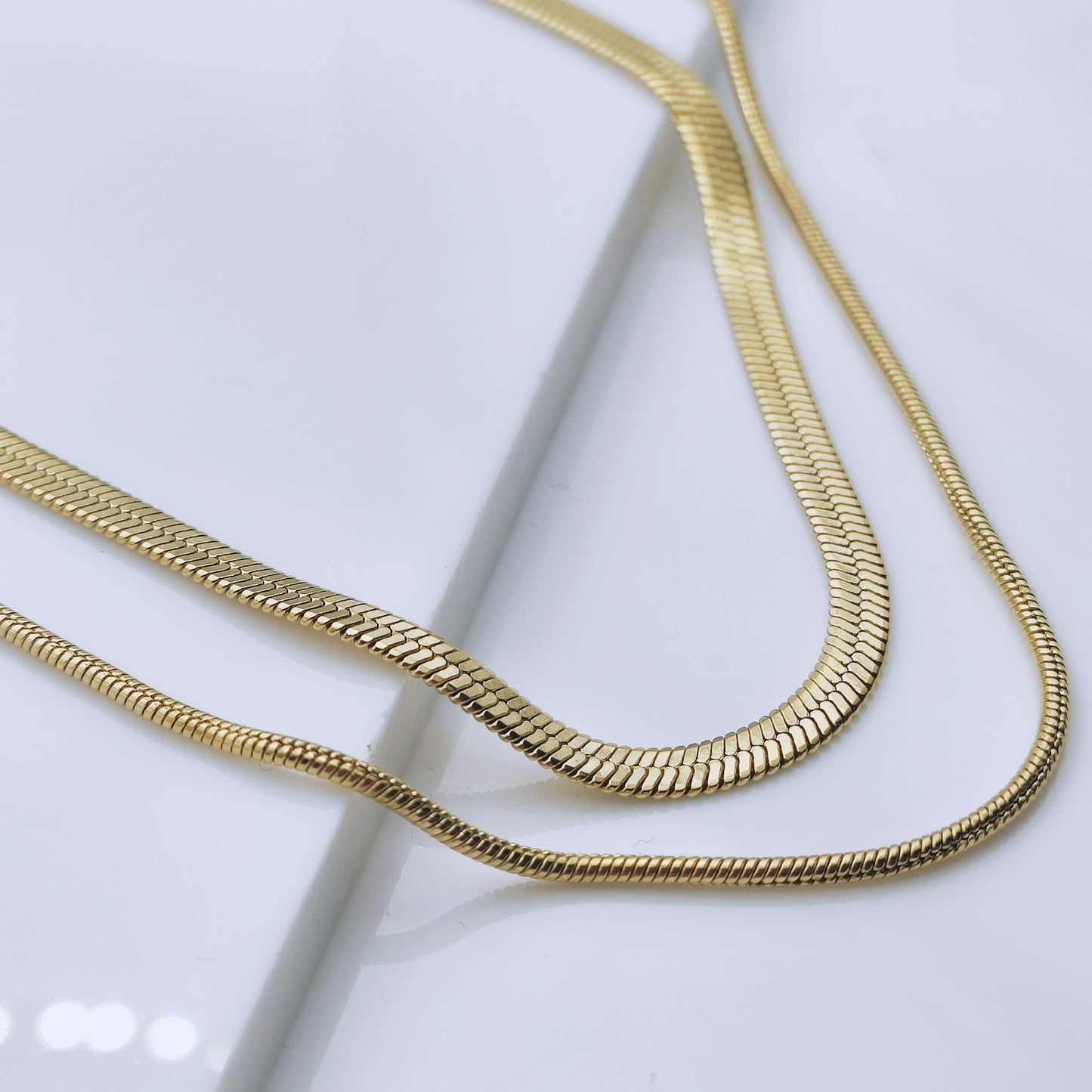 18k gold plated stainless steel flat snake chain multi layered necklace - Mia Ishaaq