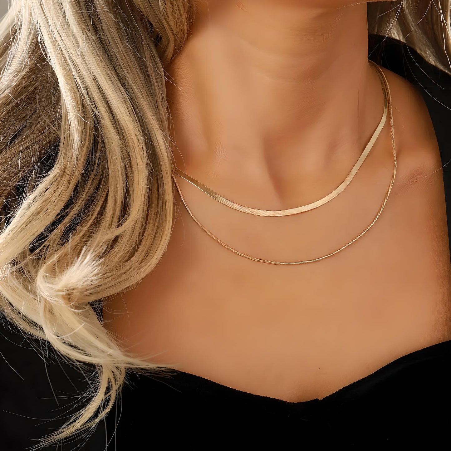 18k gold plated stainless steel flat snake chain multi layered necklace - Mia Ishaaq