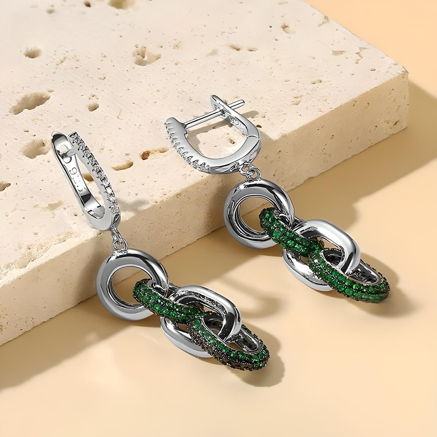 Sterling silver clear and green cubic zirconia duo dangle long earrings - Mia Ishaaq
