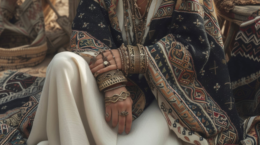 A close-up of a person wearing an embroidered poncho with chunky tribal-inspired jewellery, including stacked bangles and ornate rings, over a flowing cream garment - Mia Ishaaq