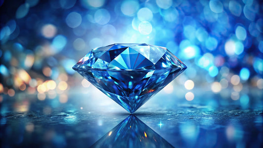 A dazzling blue diamond with sharp facets reflecting light, set against a shimmering, abstract blue bokeh background - Mia Ishaaq