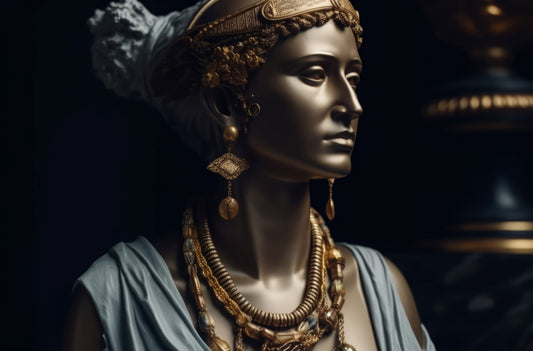 A statue of a woman adorned with elaborate gold jewelry, including layered necklaces, ornate earrings, and a decorative headpiece, draped in a flowing fabric, set against a dark background - Mia Ishaaq