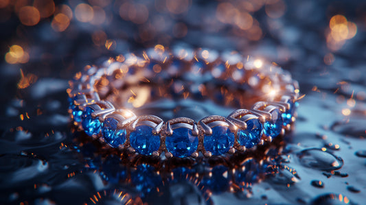 A close-up of a stunning blue sapphire bracelet set in silver, resting on a reflective wet surface with sparkling water droplets - Mia Ishaaq