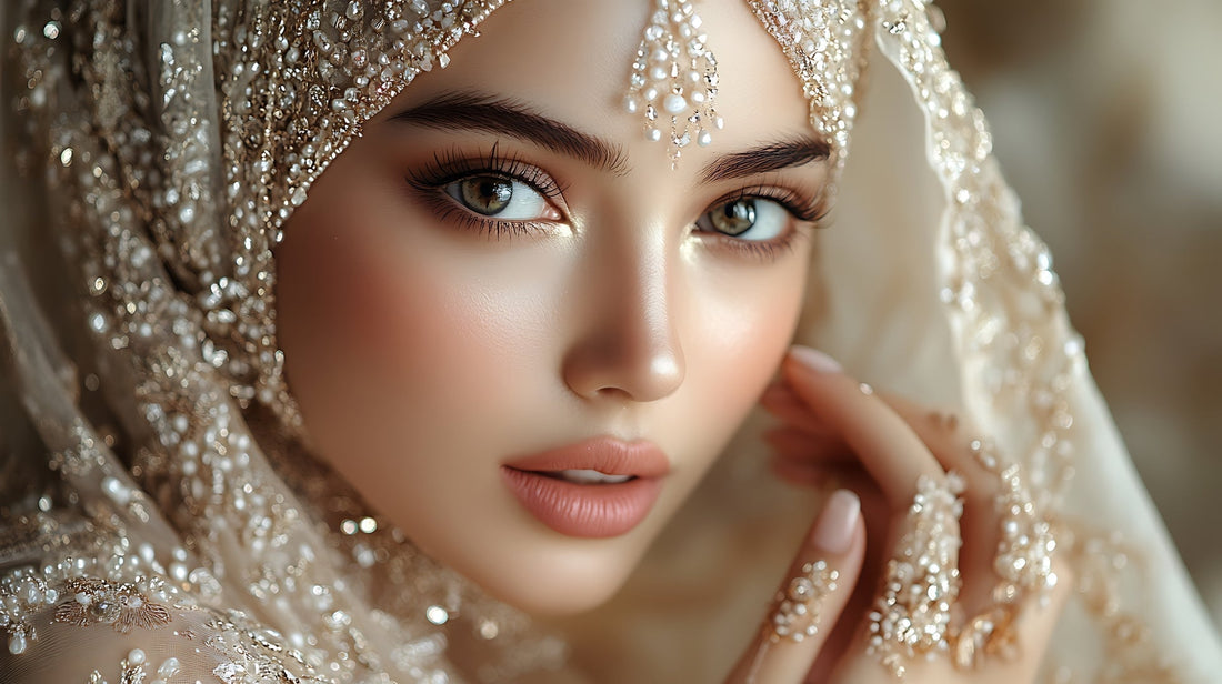 Close-up of a woman adorned in intricate pearl and gold traditional bridal jewellery, including an elegant headpiece and hand accessories, exuding timeless beauty and cultural richness - Mia Ishaaq