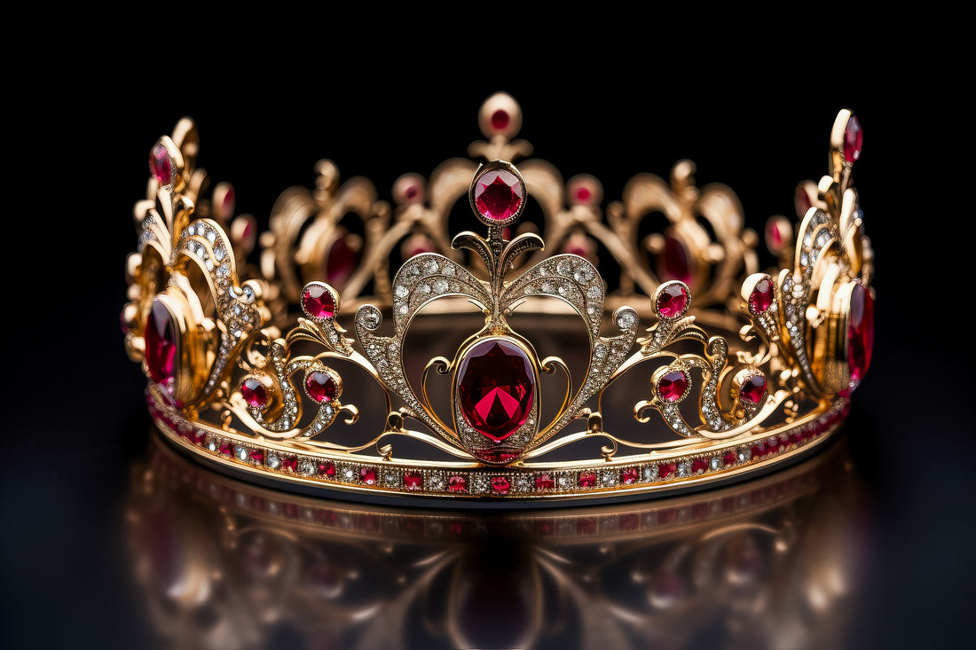 A luxurious gold crown adorned with red gemstones and intricate detailing, reflecting elegance and royalty against a dark background - Mia Ishaaq