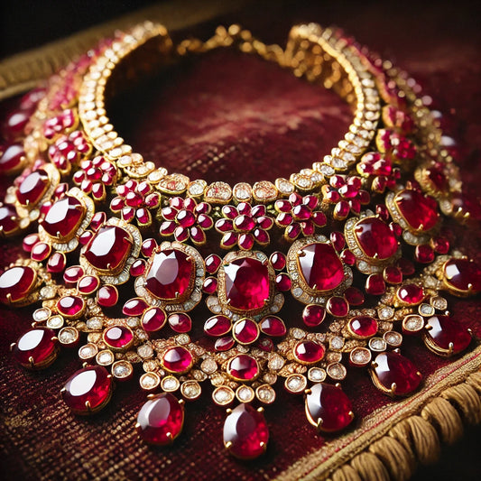 Patiala-style ruby choker necklace, featuring deep red rubies, intricate gold detailing, and diamond embellishments on a velvet background - Mia Ishaaq