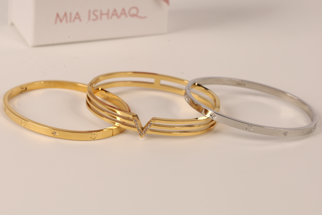 Modern unique gold waterproof bangle bracelets for women and teens - Mia Ishaaq