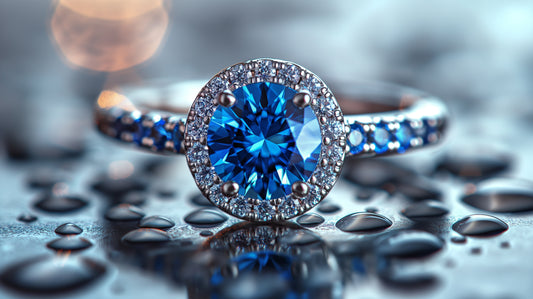 Blue diamond halo ring on the black shiny surface with drops of water - Mia Ishaaq