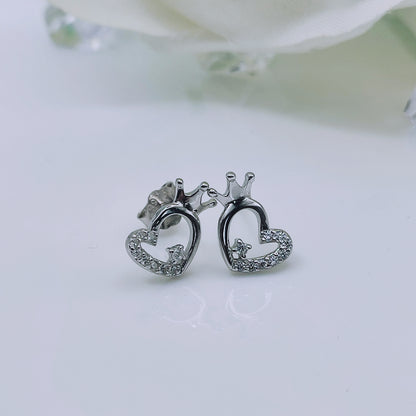 Sterling silver cubic zirconia Heart shape stud earrings with crown - Mia Ishaaq