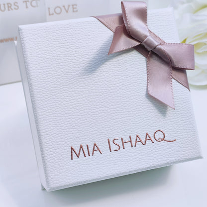 Luxury white textured pink silk ribbon bow gift box - Mia Ishaaq