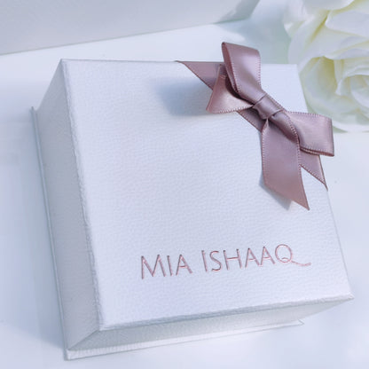 Luxury white textured pink silk ribbon bow gift box - Mia Ishaaq