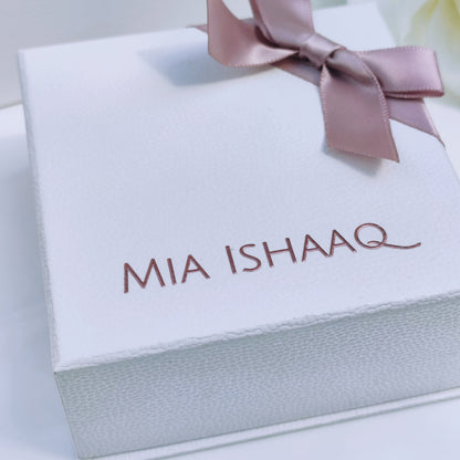 Luxury white textured pink silk ribbon bow gift box - Mia Ishaaq