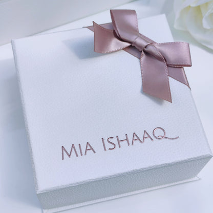 Luxury white textured pink silk ribbon bow gift box - Mia Ishaaq