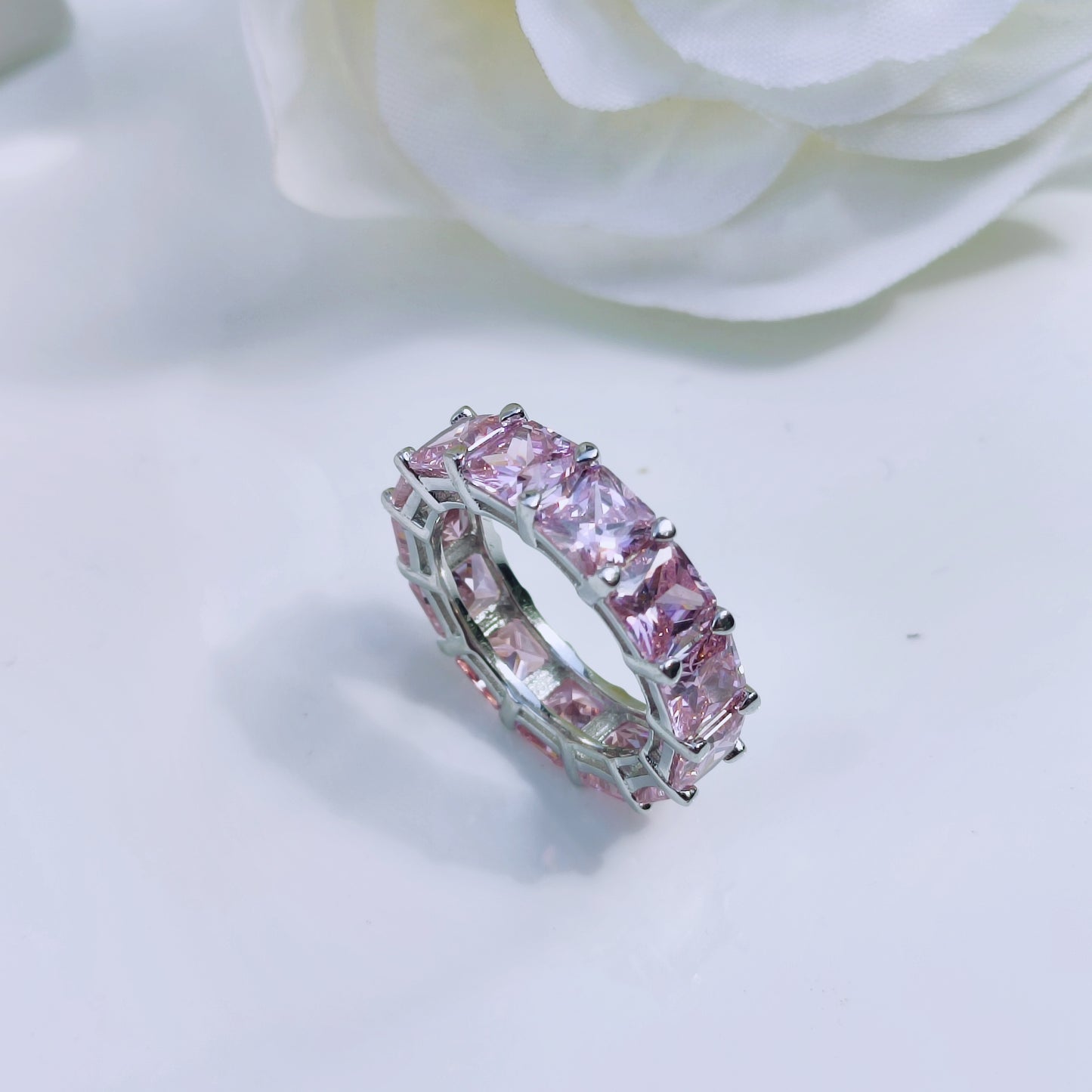 Sterling silver pink cubic zirconia all over wide band ring - Mia Ishaaq