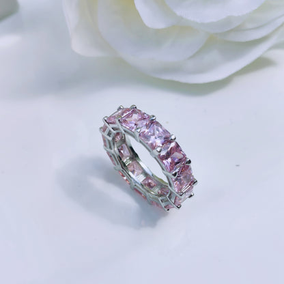 Sterling silver pink cubic zirconia all over wide band ring - Mia Ishaaq