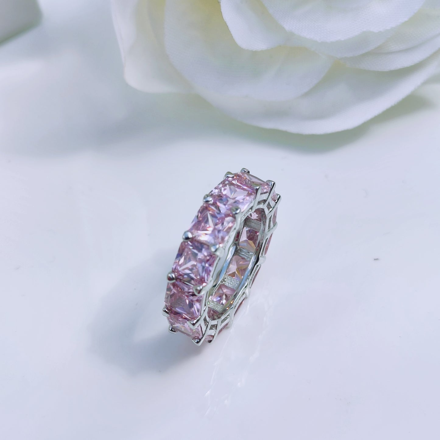 Sterling silver pink cubic zirconia all over wide band ring - Mia Ishaaq