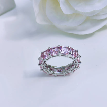 Sterling silver pink cubic zirconia all over wide band ring - Mia Ishaaq