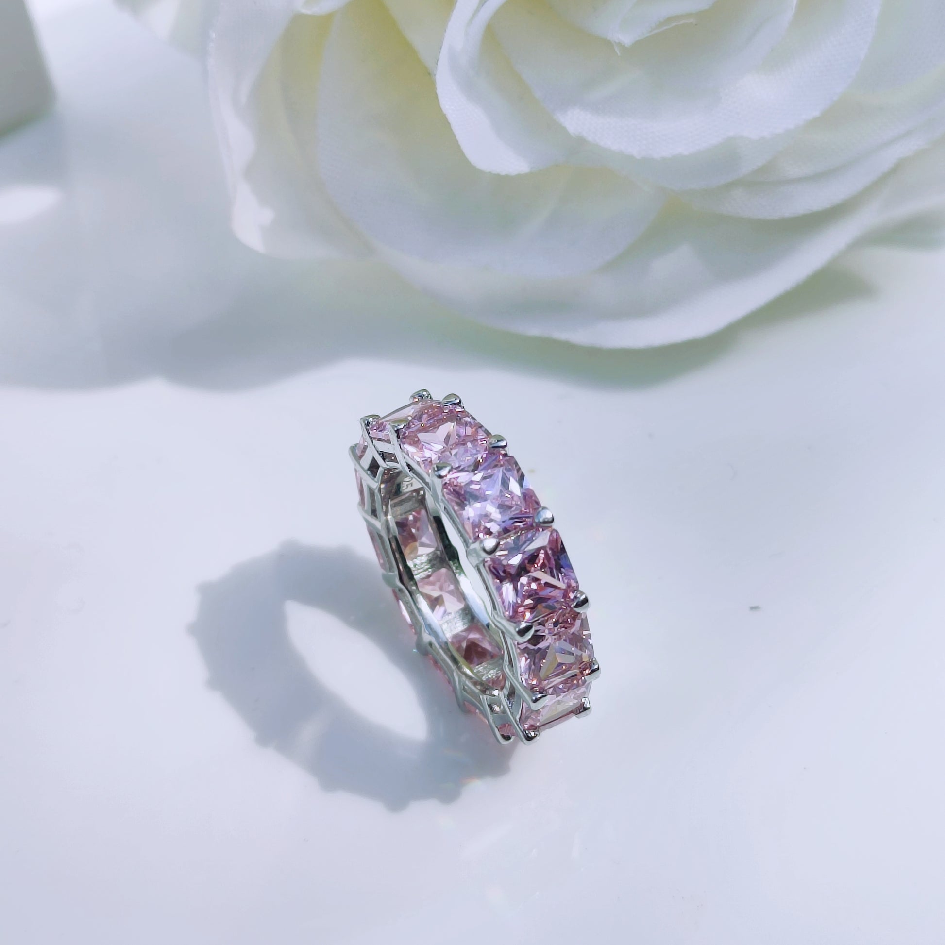 Sterling silver pink cubic zirconia all over wide band ring - Mia Ishaaq