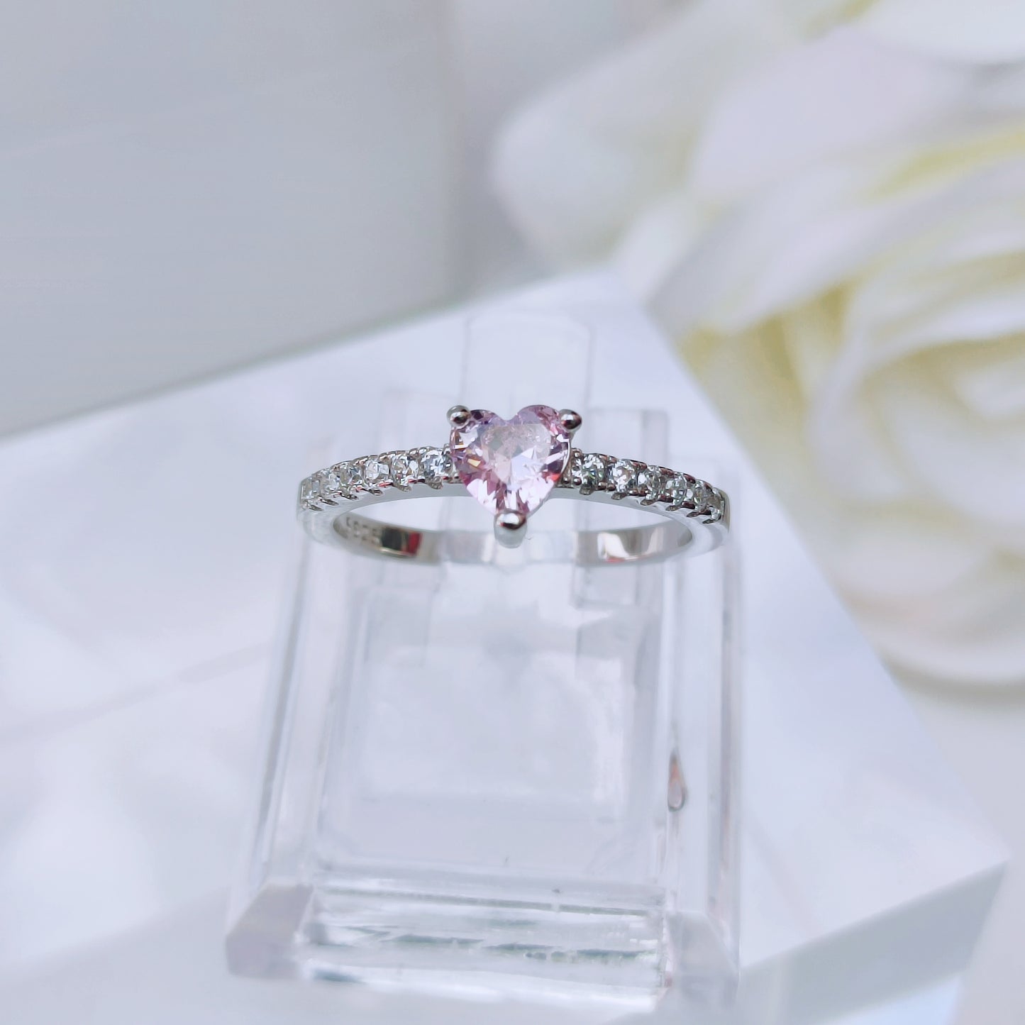 Sterling silver heart solitaire ring with pink and clear cubic zirconia - Mia Ishaaq