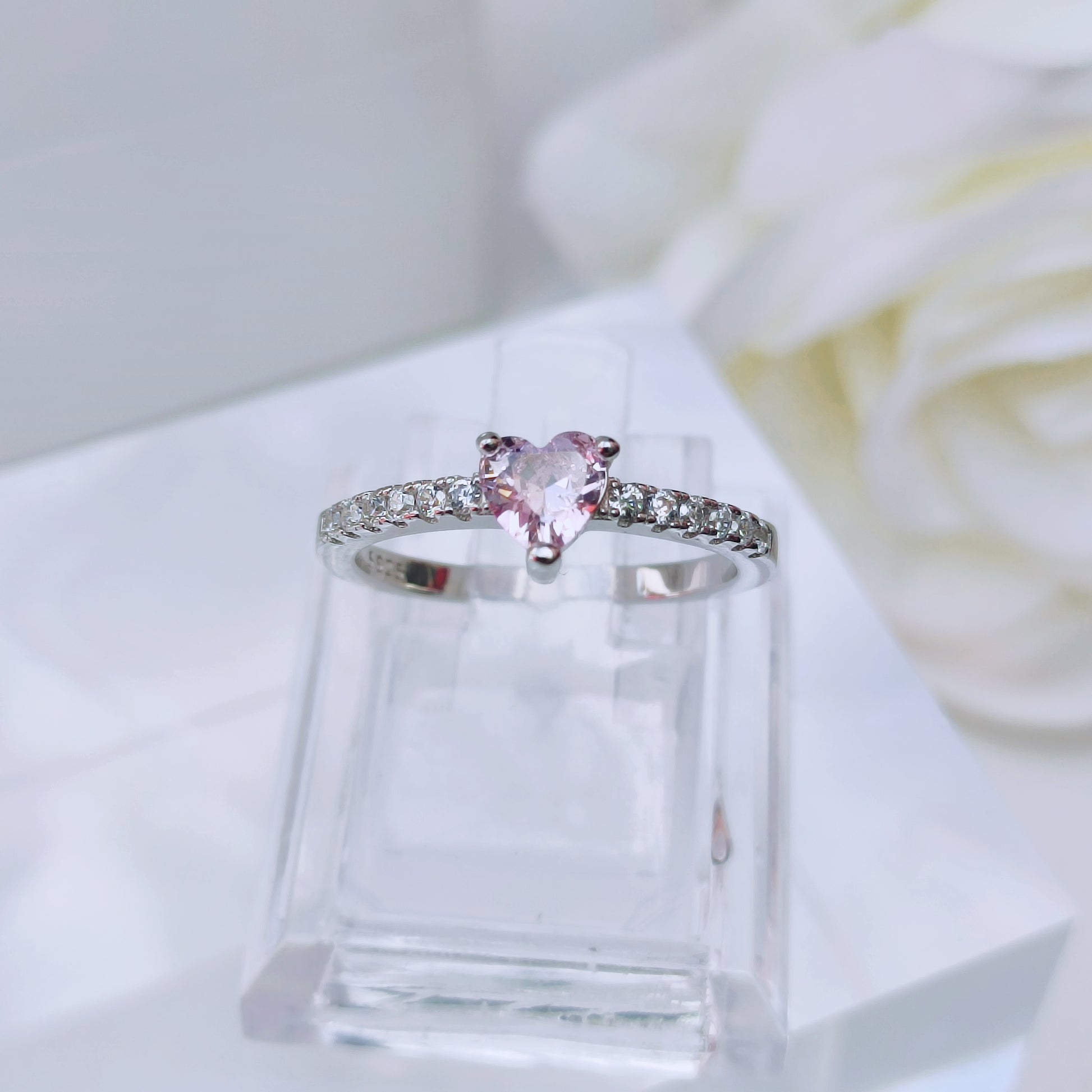 Sterling silver heart solitaire ring with pink and clear cubic zirconia - Mia Ishaaq