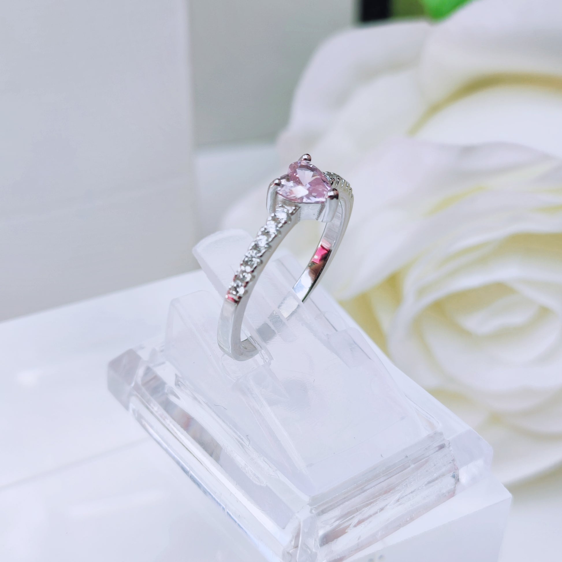 Sterling silver heart solitaire ring with pink and clear cubic zirconia - Mia Ishaaq