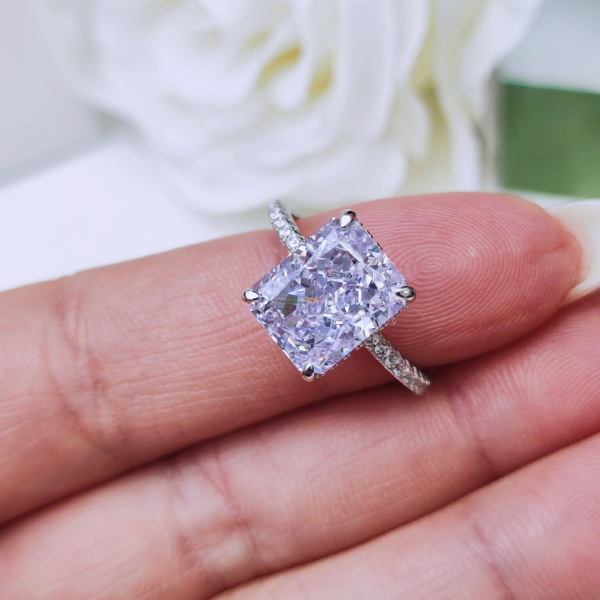 Sterling Silver Lilac Radiant Cubic Zirconia Princess Cut Halo Engagement Ring - Mia Ishaaq