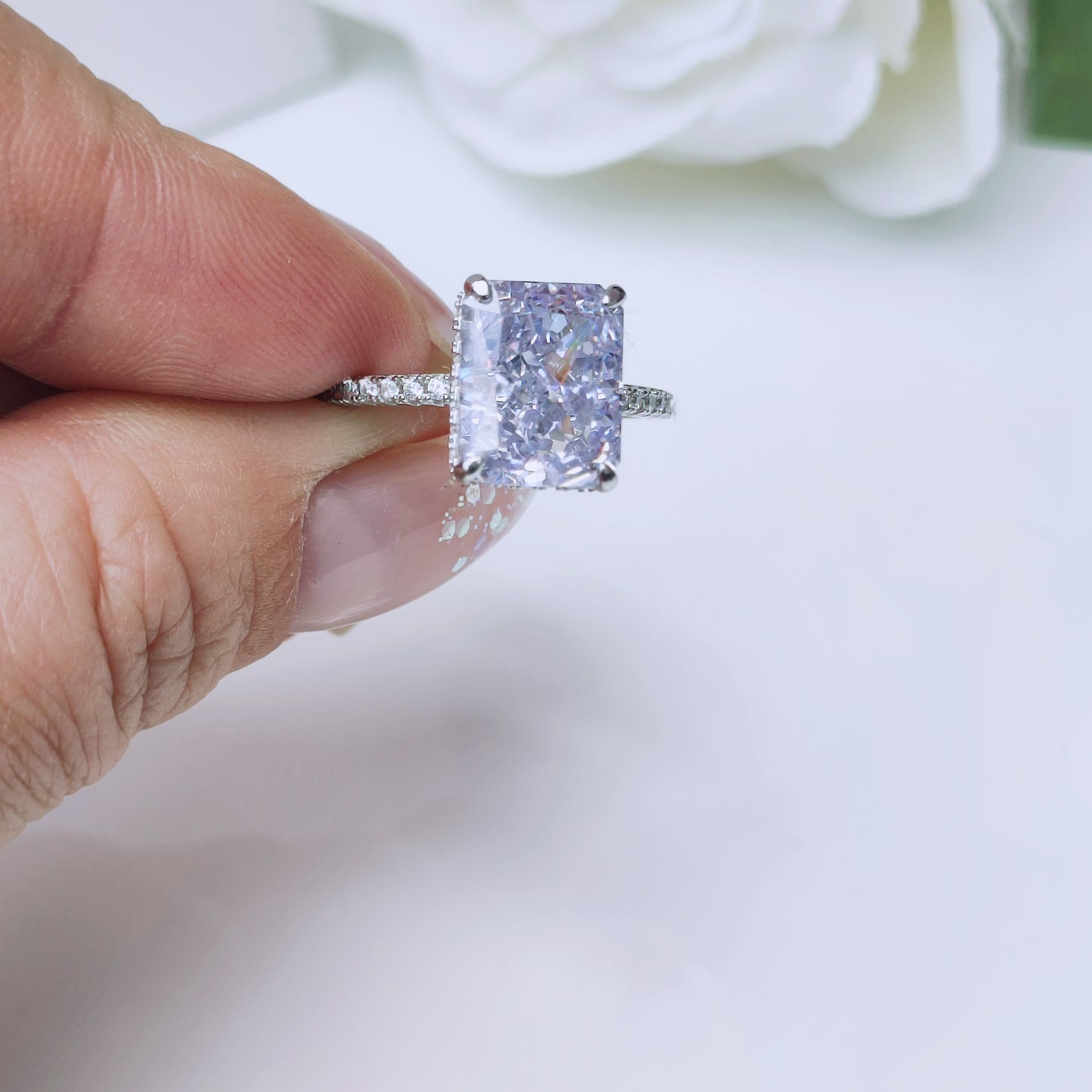 Sterling Silver Lilac Radiant Cubic Zirconia Princess Cut Halo Engagement Ring - Mia Ishaaq