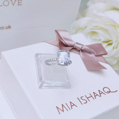 Sterling Silver Lilac Radiant Cubic Zirconia Princess Cut Halo Engagement Ring - Mia Ishaaq