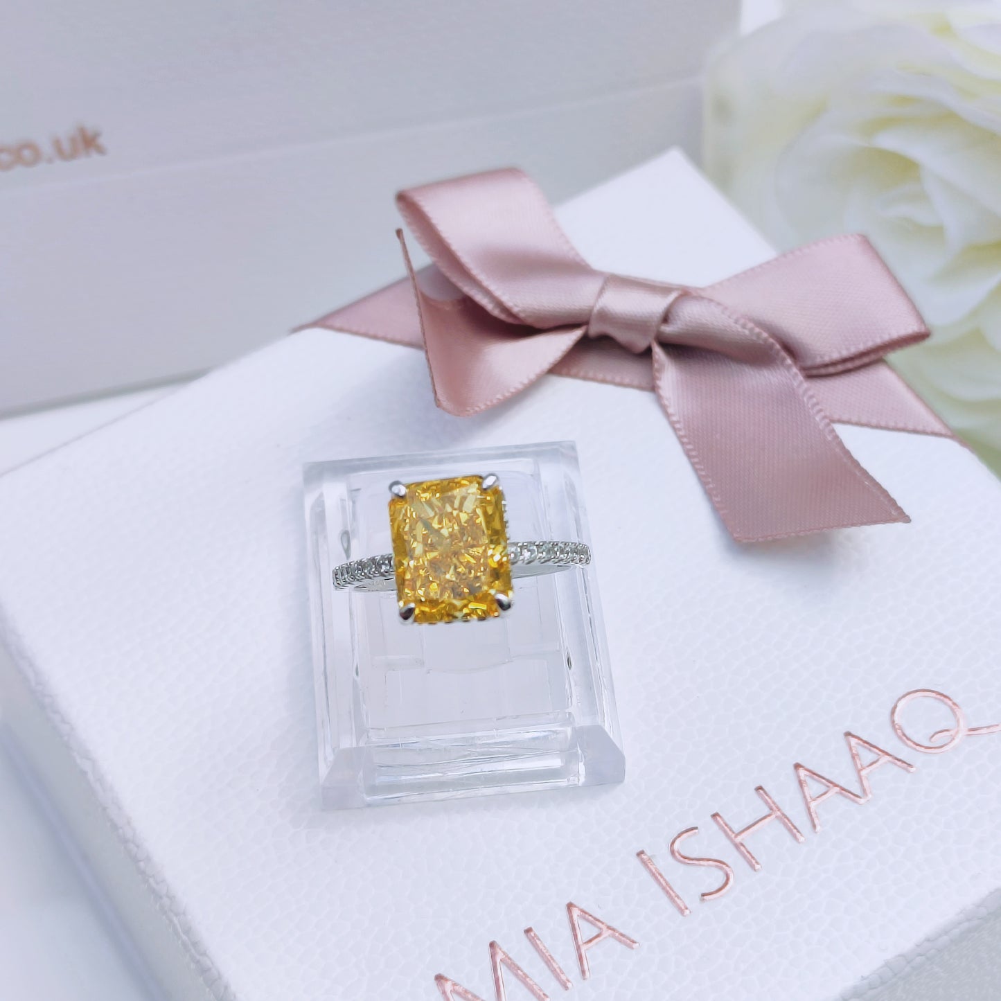 sterling silver white gold yellow crushed ice diamond princess cut engagement ring - Mia Ishaaq