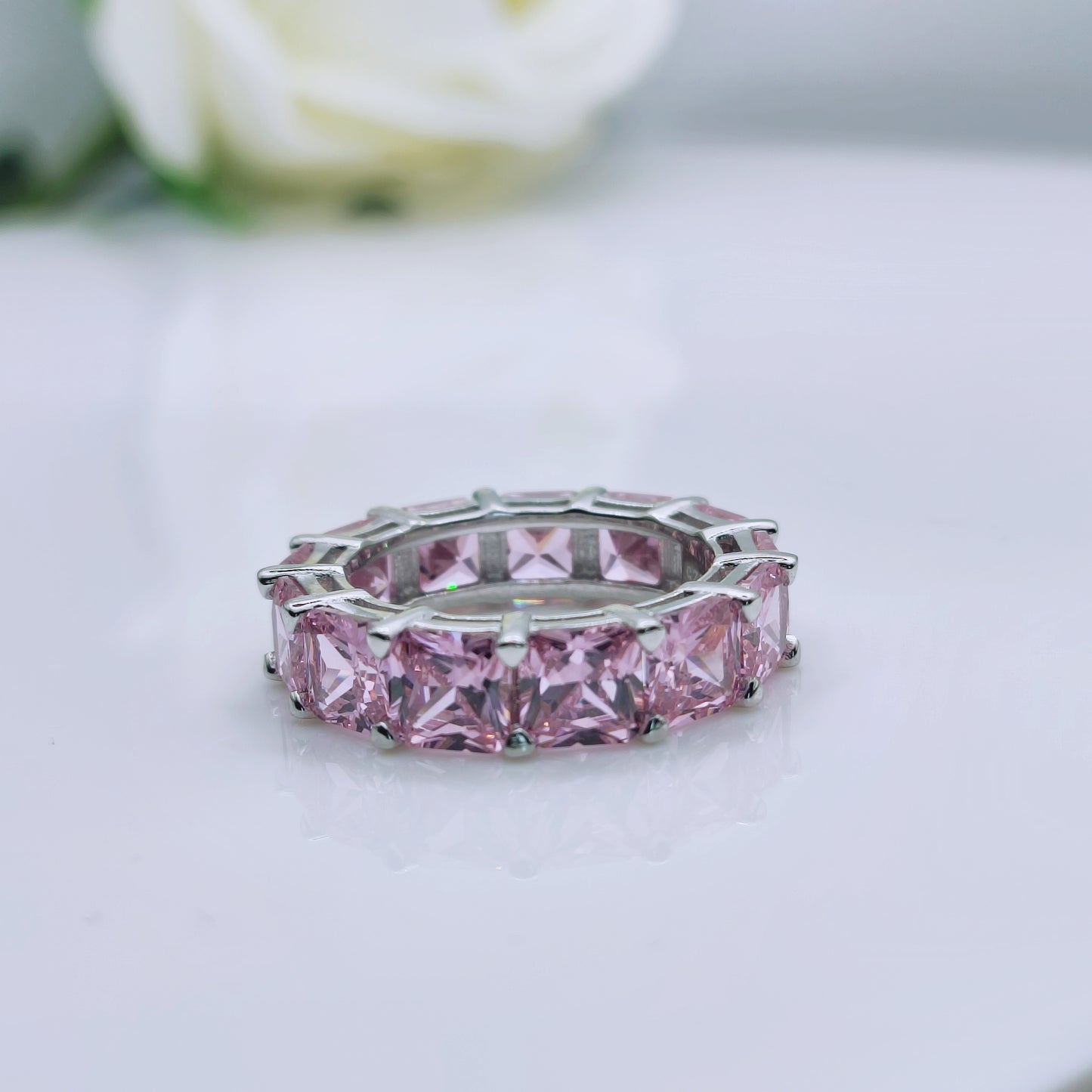 Sterling silver pink cubic zirconia all over wide band ring - Mia Ishaaq