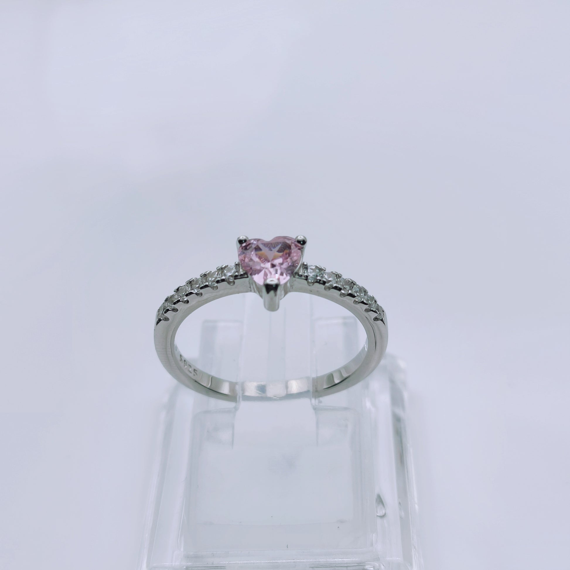 Sterling silver heart solitaire ring with pink and clear cubic zirconia - Mia Ishaaq