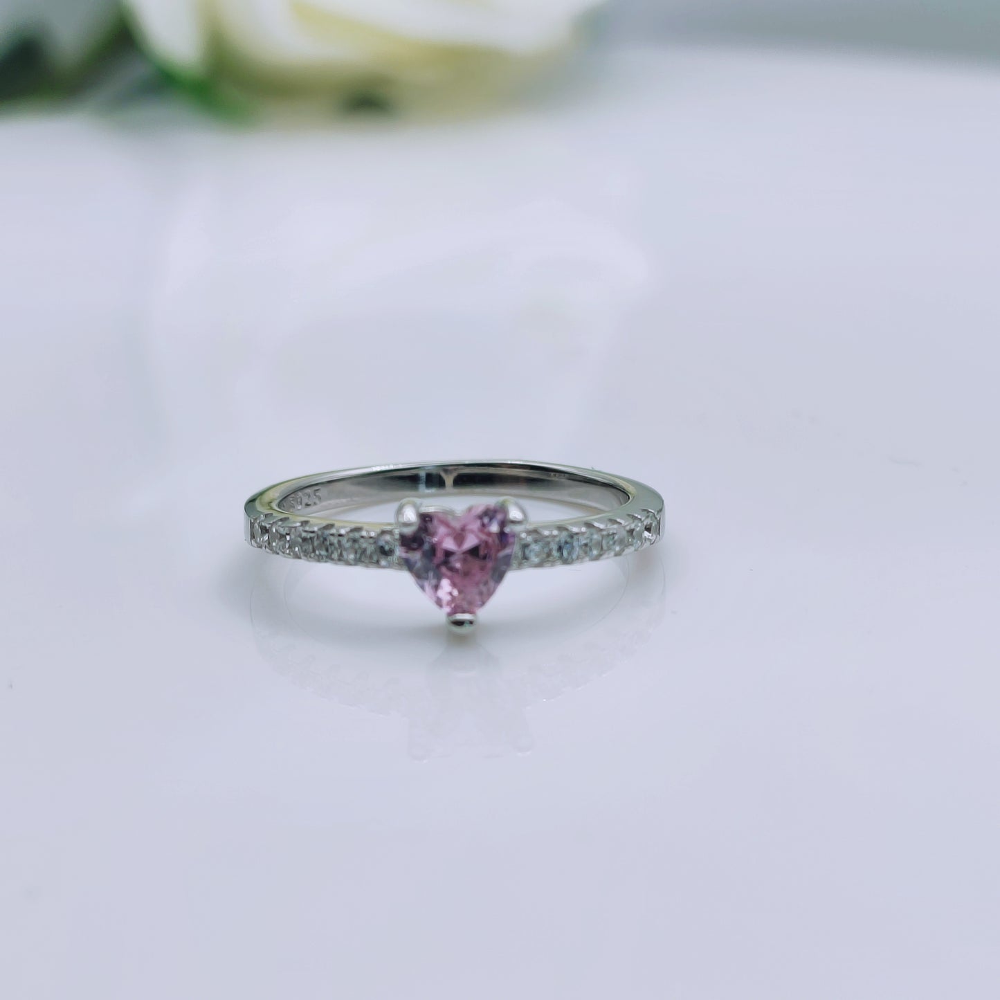 Sterling silver heart solitaire ring with pink and clear cubic zirconia - Mia Ishaaq