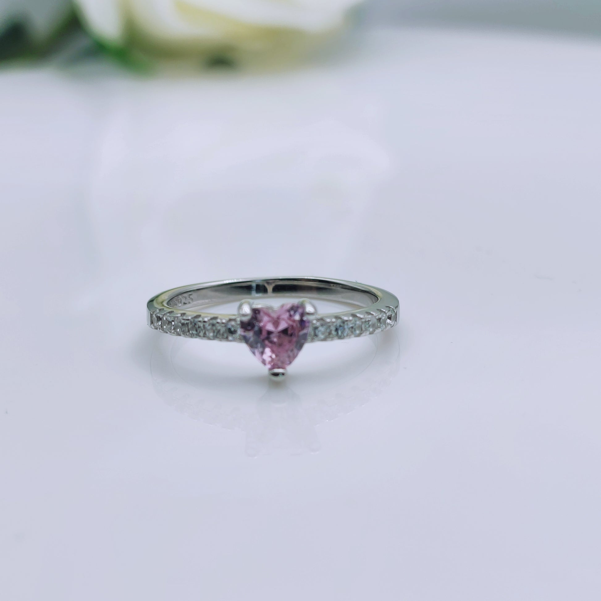 Sterling silver heart solitaire ring with pink and clear cubic zirconia - Mia Ishaaq