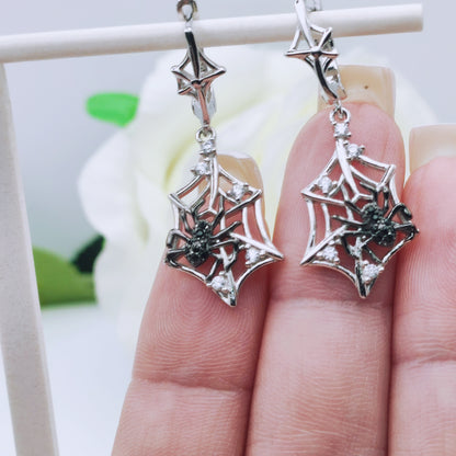 925 Sterling Silver Halloween Dangle Earrings and spider web ring set - Mia Ishaaq