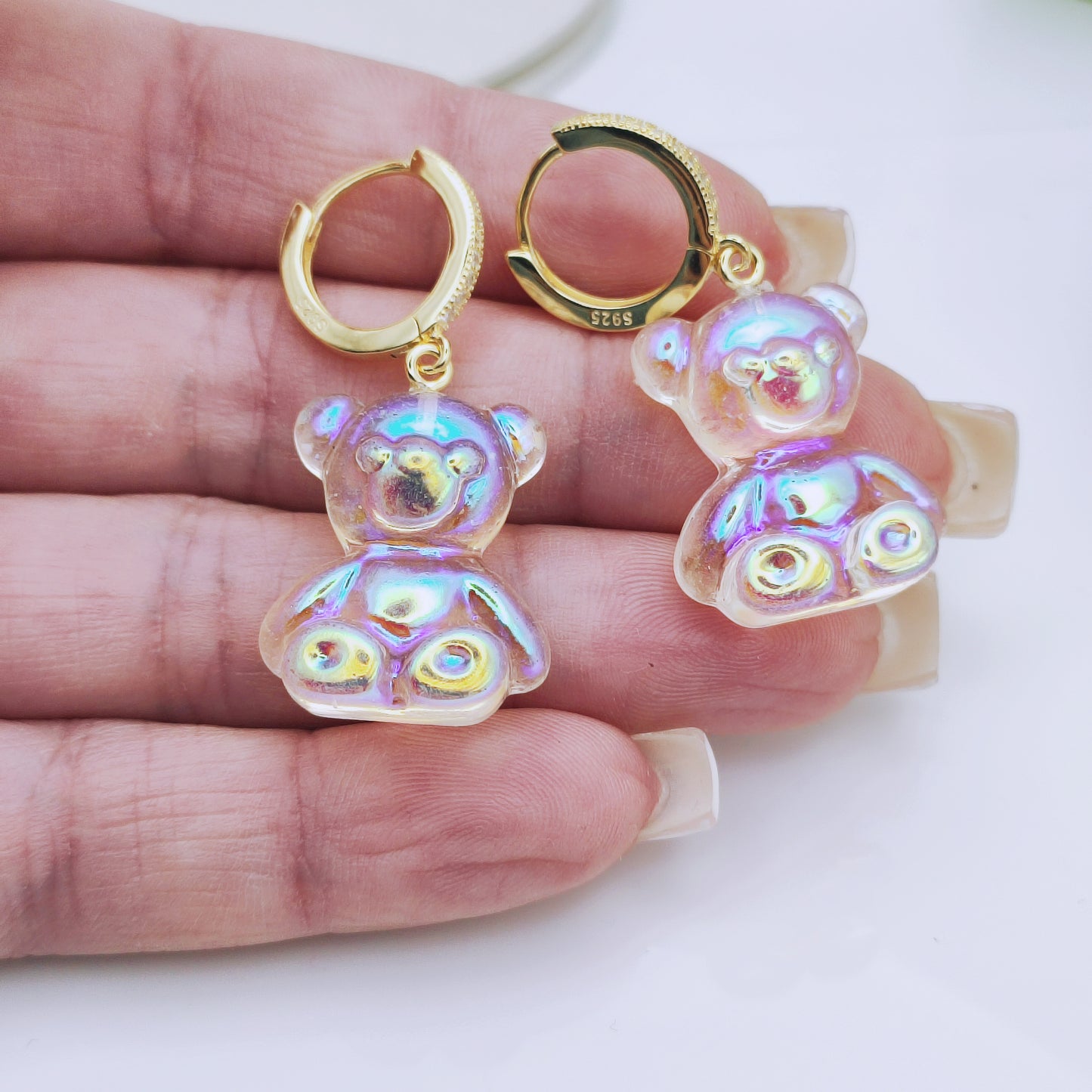 925 Sterling Silver Gold Plated Cubic Zirconia Hoops Resin Gummy Bear Earrings - Mia Ishaaq