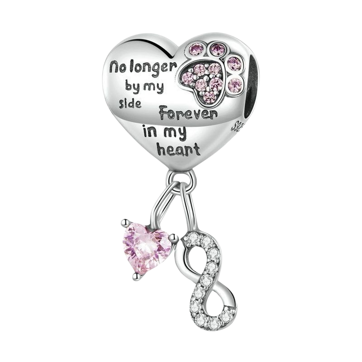 Sterling silver heart-shaped dog memorial charm with pink cubic zirconia paw print and winged dog engraving, on a white background - Mia Ishaaq