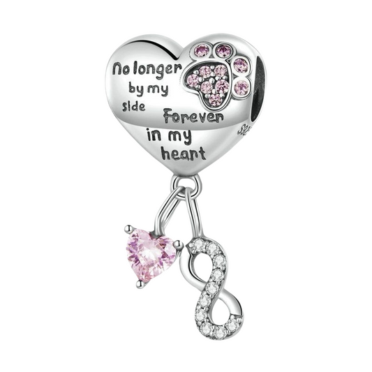 925 sterling silver no longer by my side forever in my heart in memory of your lost dog charm with pink cubic zirconia - Mia Ishaaq