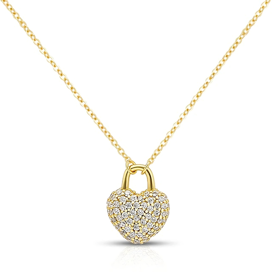 925 Sterling Silver 14k Gold Plated Pave Heart Cubic Zirconia Necklace - Mia Ishaaq