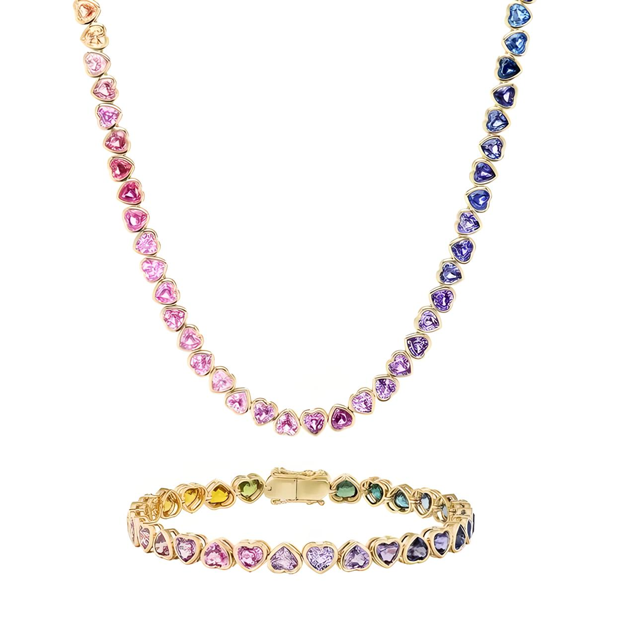 18k gold plated rainbow heart chain tennis necklace - Mia Ishaaq