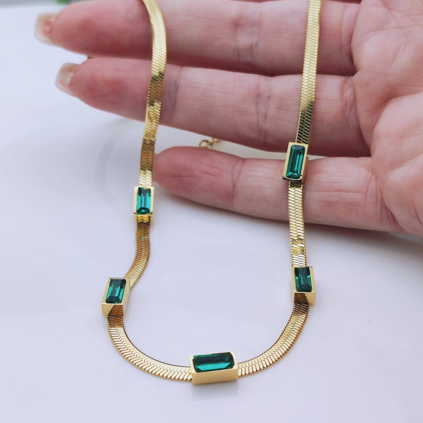 18k gold plated stainless steel vintage green waterproof flat chain necklace - Mia Ishaaq