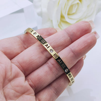 18k gold plated stainless steel roman letter numeral bangle bracelet - Mia Ishaaq