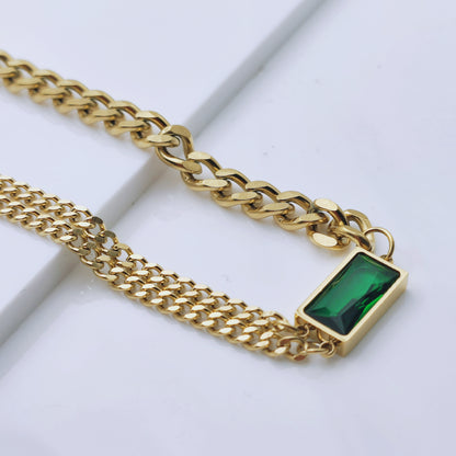 18k gold plated stainless steel vintage green pendant multi chain waterproof choker necklace - Mia Ishaaq