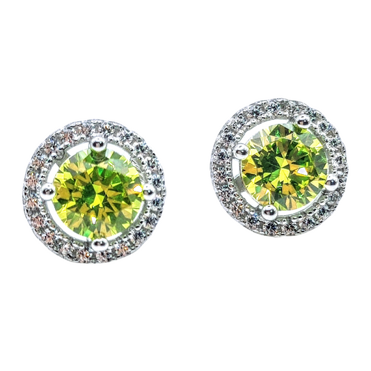 925 Sterling Silver White Gold Plated APPLE GREEN Cubic Zirconia Round Stud Earrings - Mia Ishaaq
