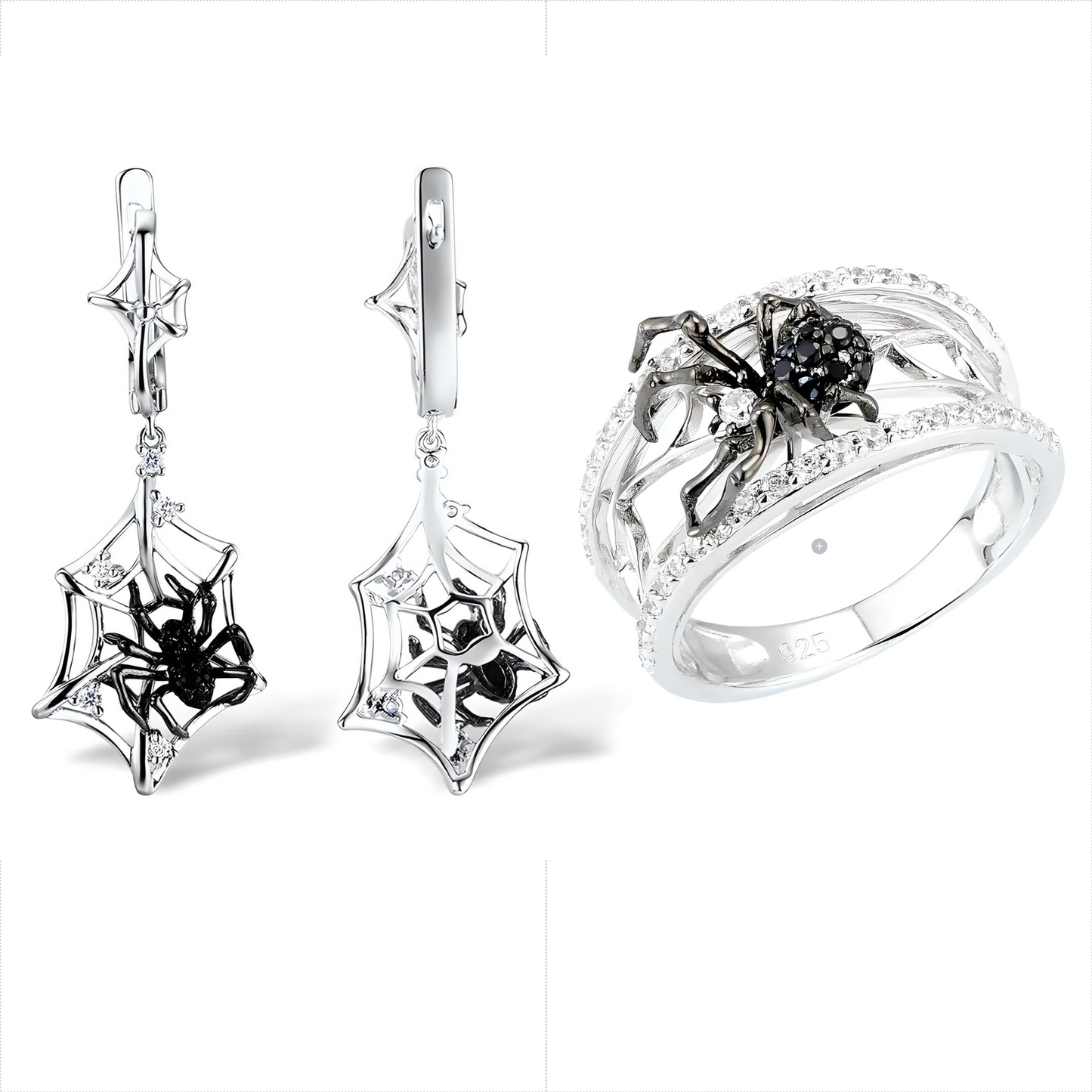 925 Sterling Silver Halloween Dangle Earrings and spider web ring set - Mia Ishaaq